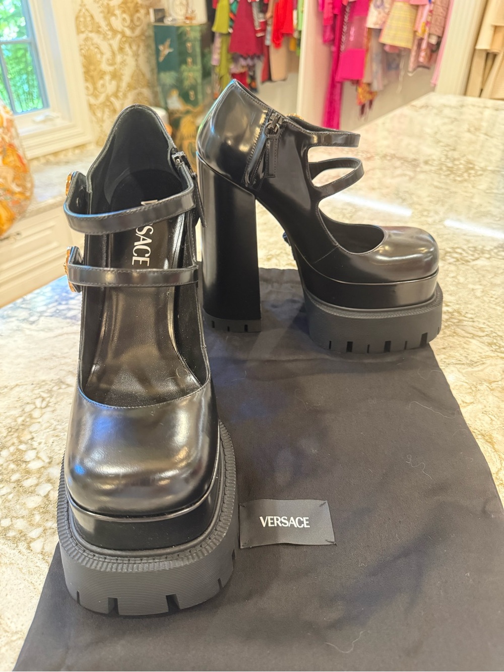 Versace Black Patent Platform Mary Jane Pumps
